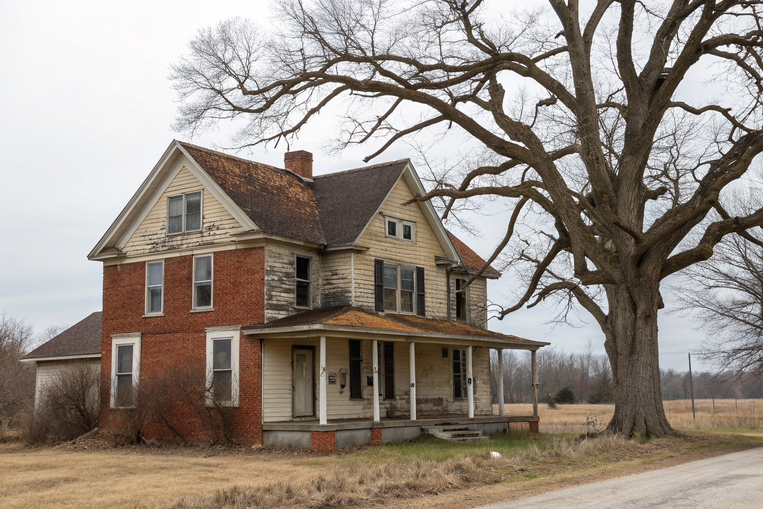 An older two-story brick home with a worn brown shingle roof beside a large bare oak