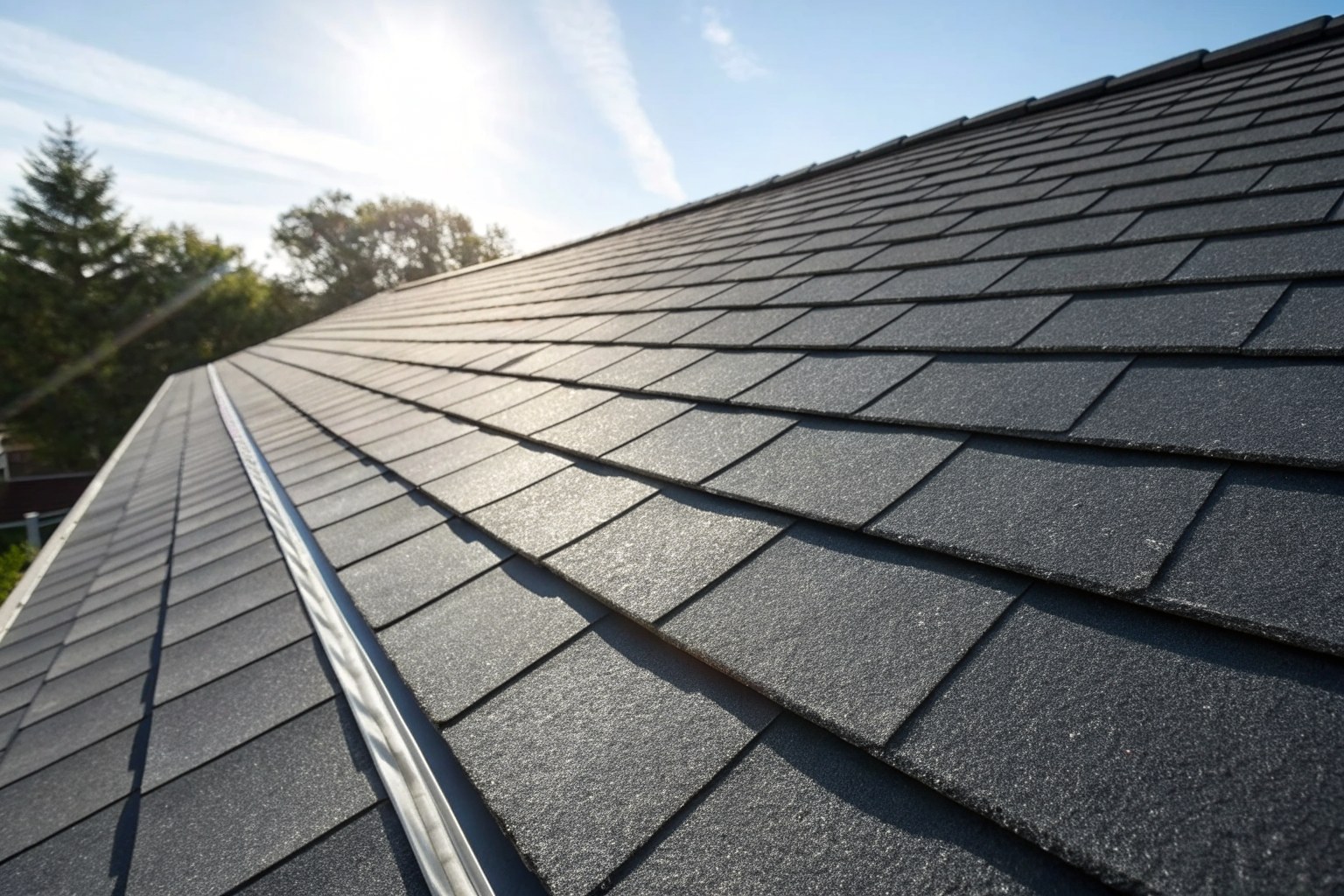 Close view of new charcoal architectural shingles along a roof valley