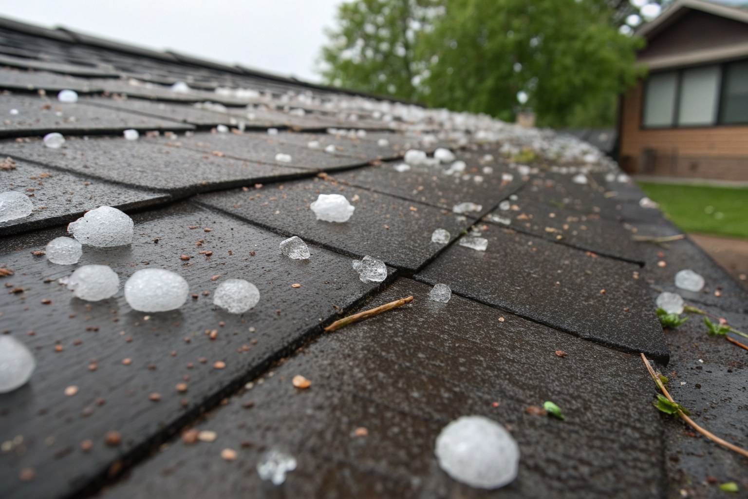 Large hailstones lying on dark asphalt shingles after a storm