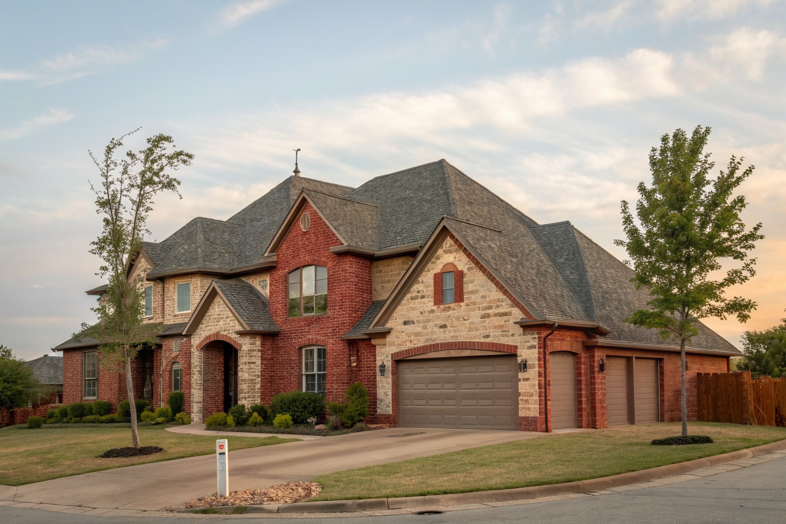A two-story red brick and stone home with a gray shingle roof and young trees under a wide sky