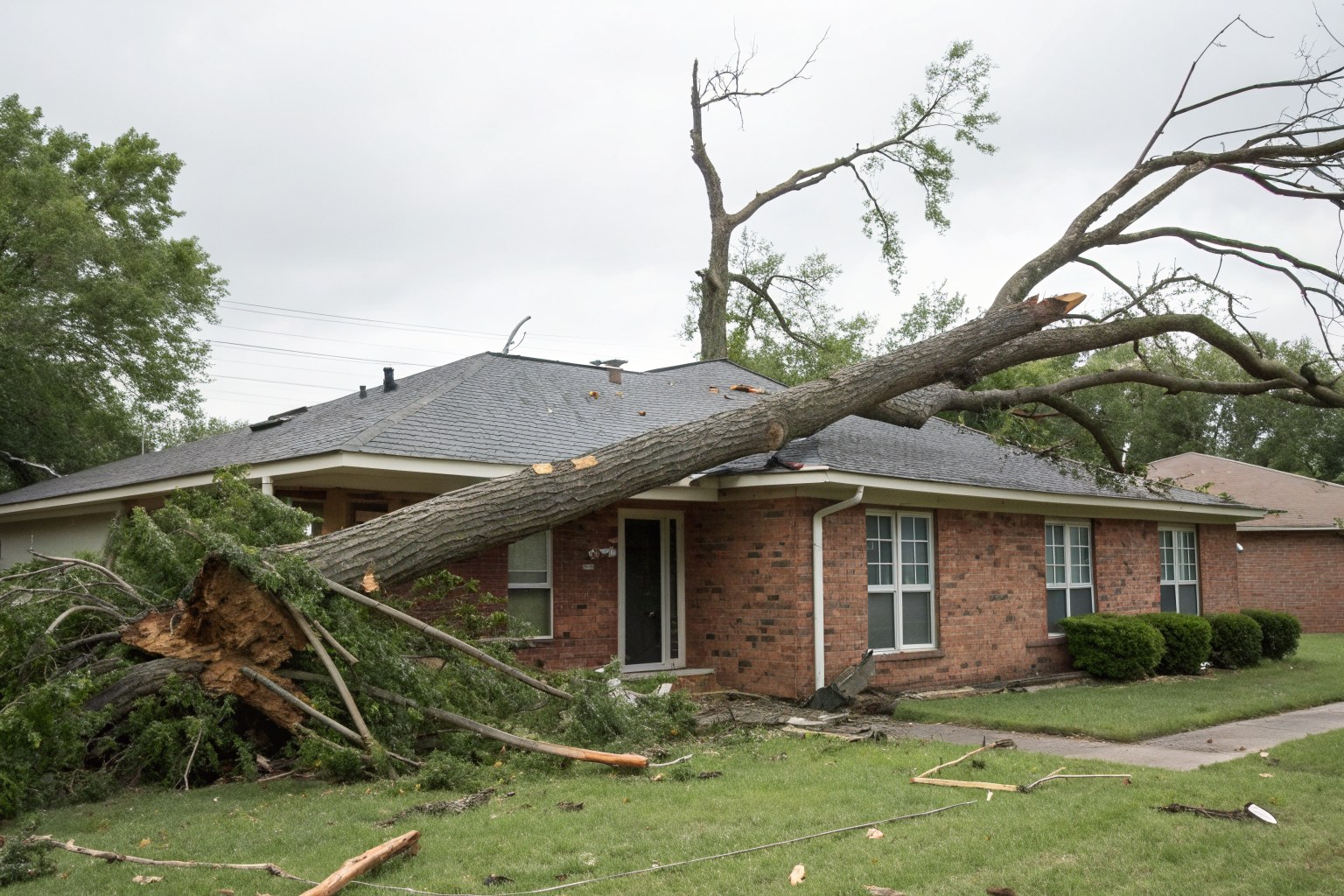 A broken tree limb lying across the roof of a brick ranch house after a storm