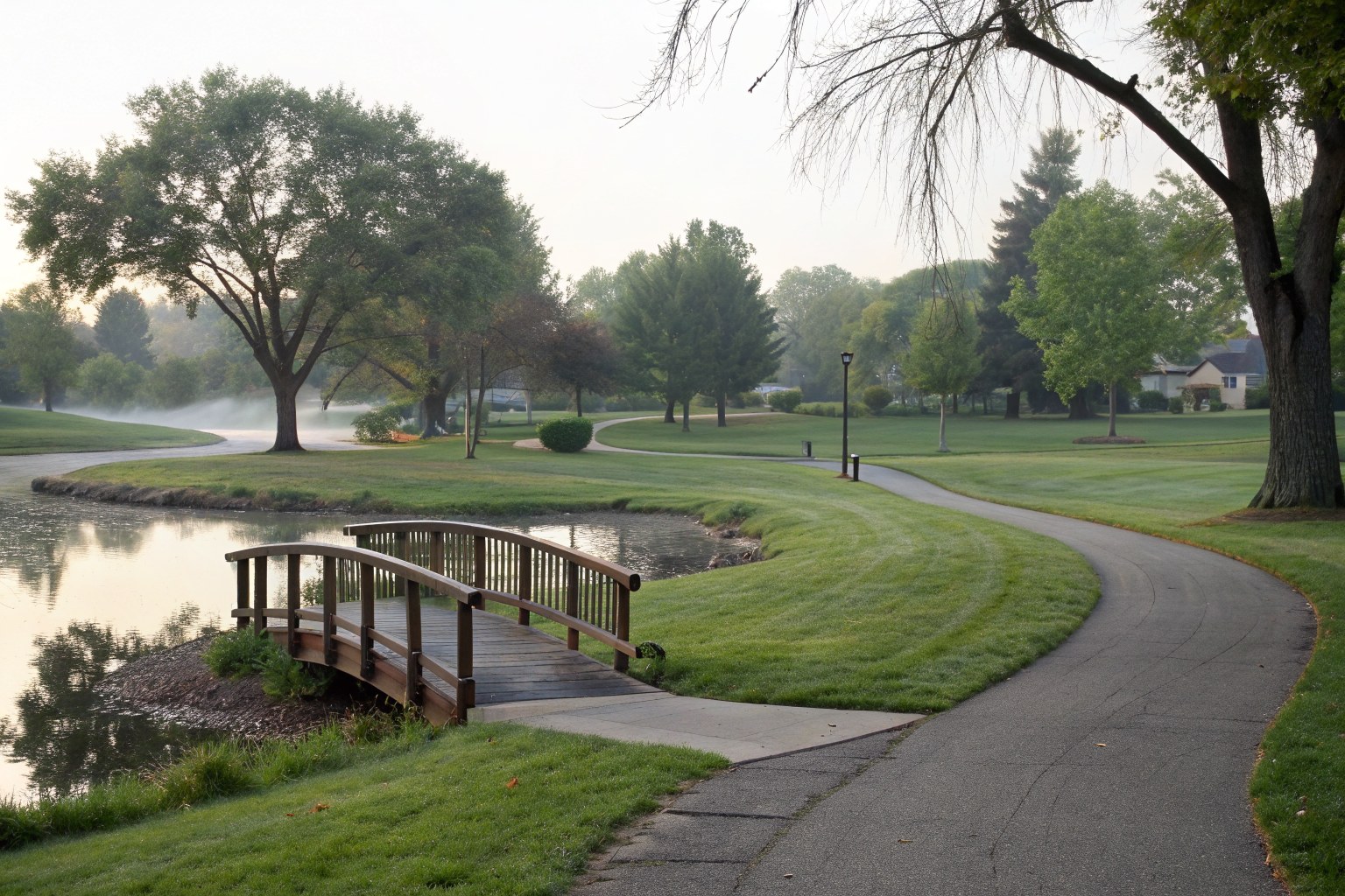 A paved trail and wooden footbridge beside a park pond with mature trees