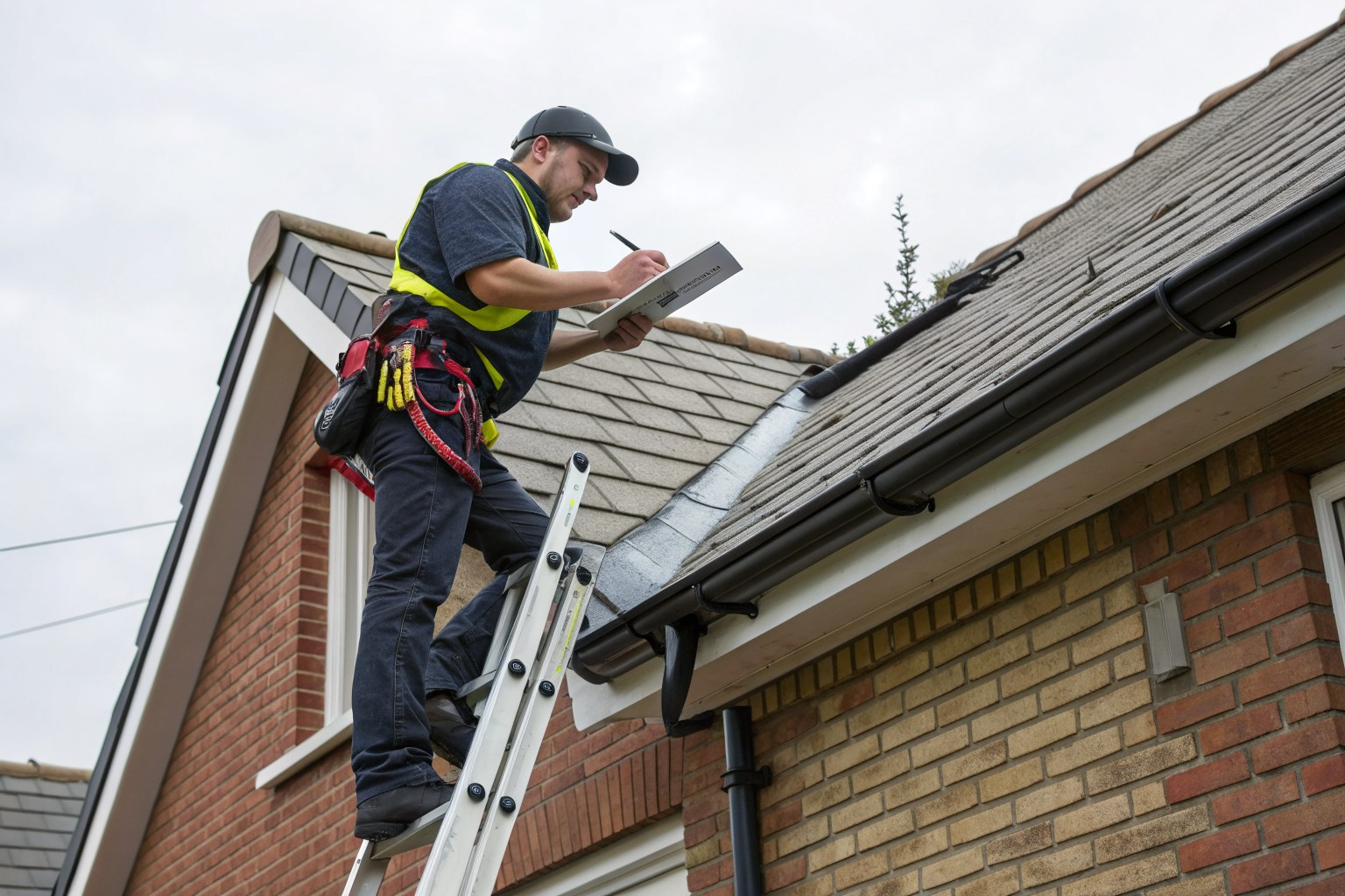 A roofer in a harness on a ladder checking the shingles and gutter edge of a brick house