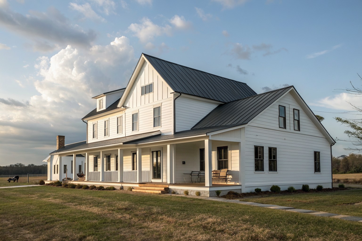 A white farmhouse-style home with a charcoal standing-seam metal roof and a wide porch
