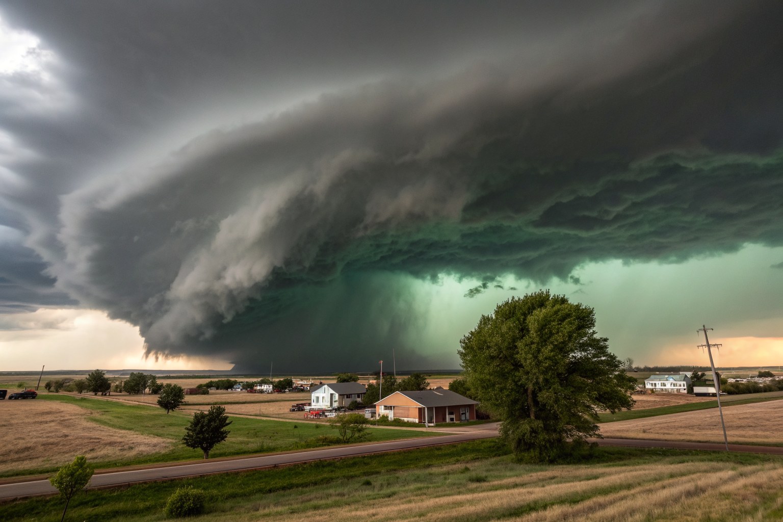 A green-tinged supercell over flat plains and a line of rooftops