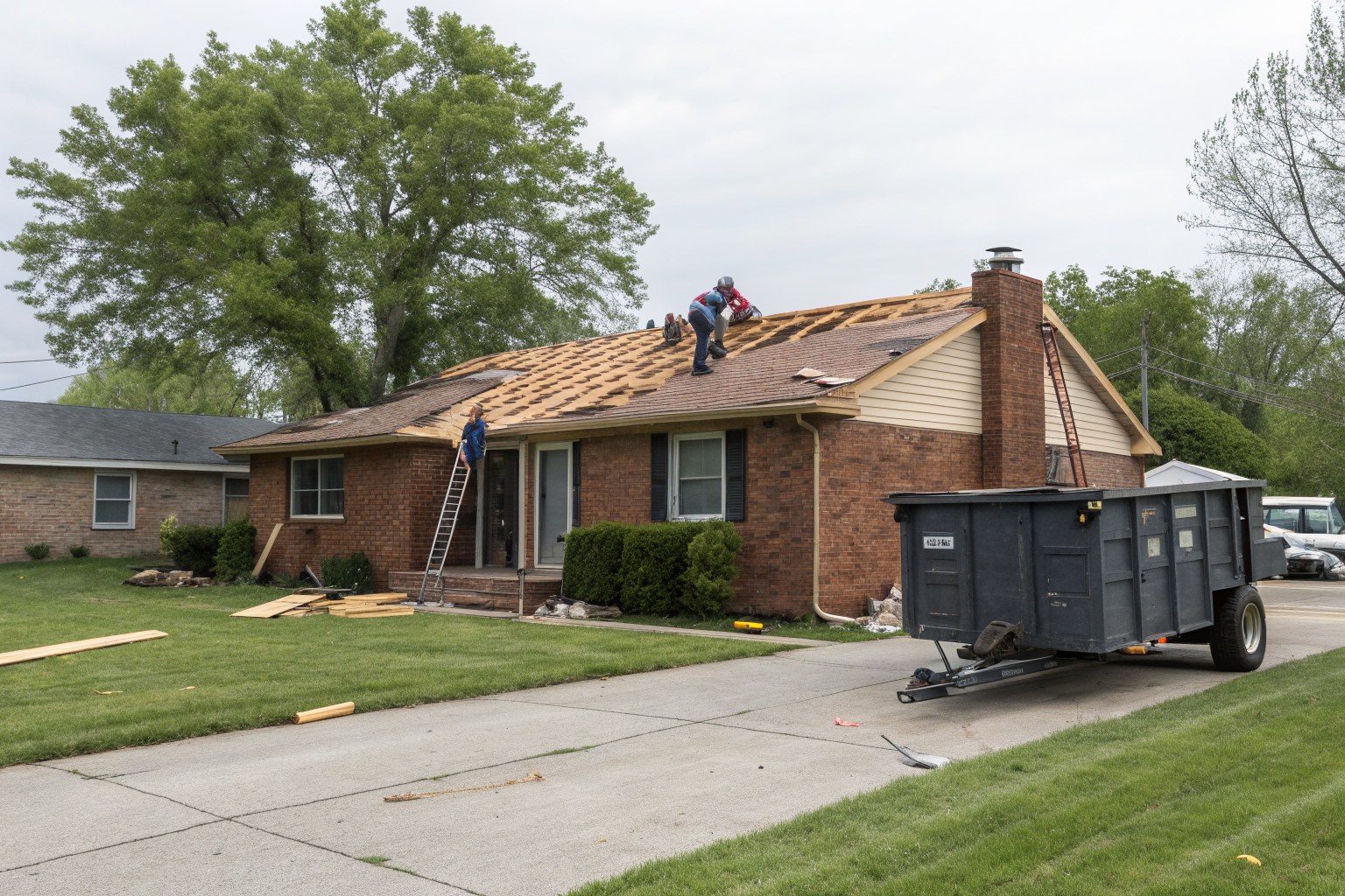 A brick ranch house mid re-roof with part of the roof stripped to the decking and a dumpster trailer in the drive