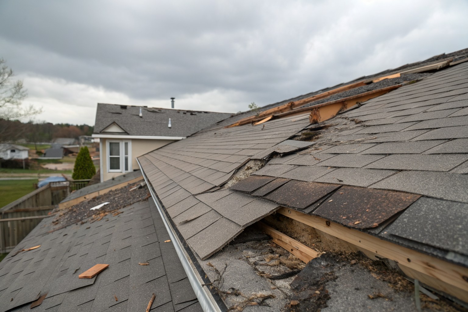 Wind-torn shingles with missing tabs near a roof ridge under a gray sky